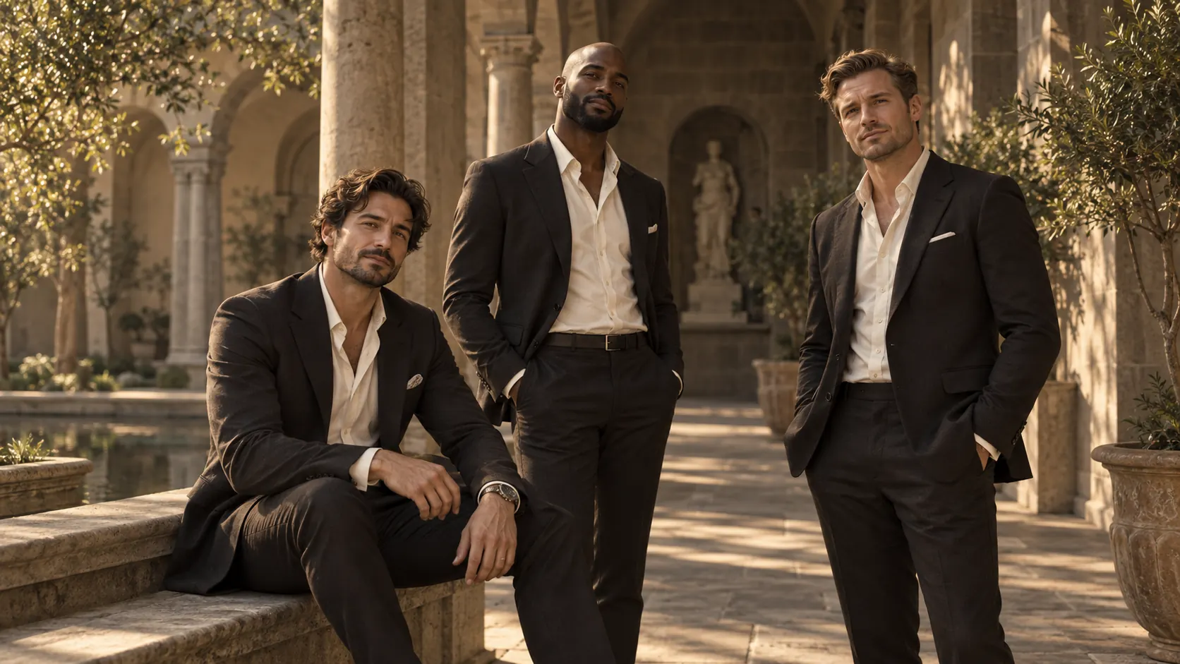 Three original AI-generated adult men in a sunlit stone courtyard