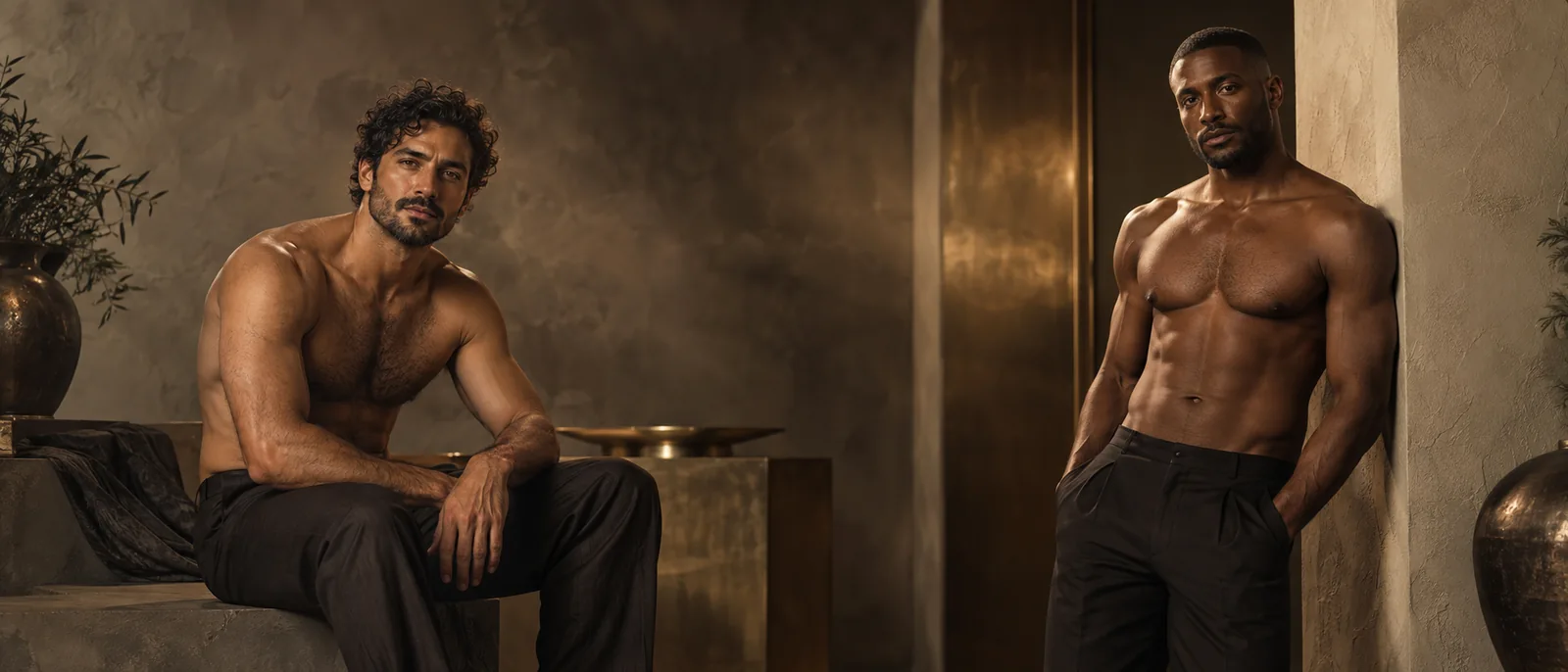 Two AI-generated adult male characters in a studio