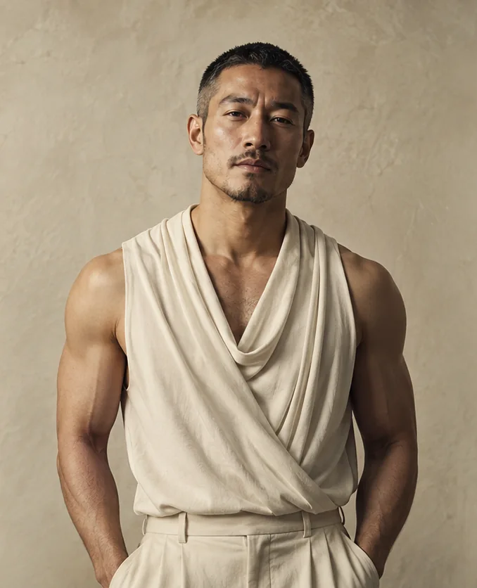 AI-generated adult male character, ivory drape and calm gaze