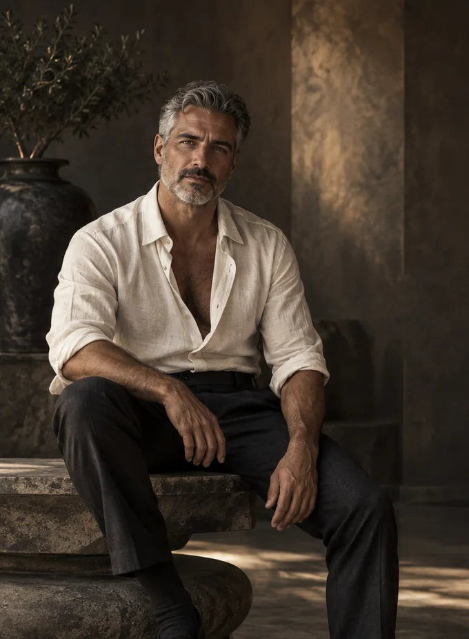 AI-generated adult male character, open ivory shirt in a studio