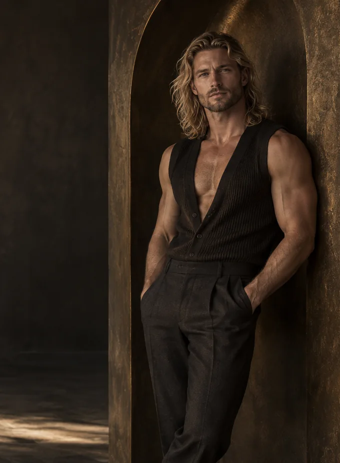 AI-generated adult male character, dark vest in bronze light
