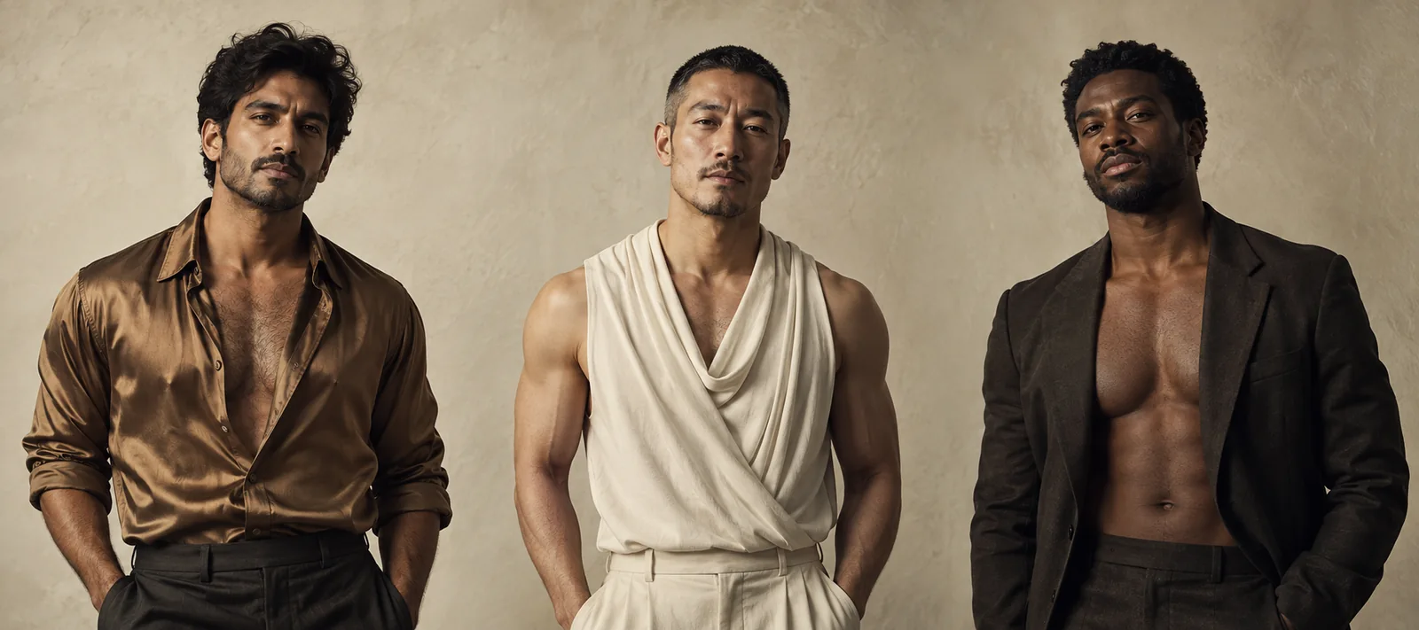Three distinct AI-generated adult men in a warm studio